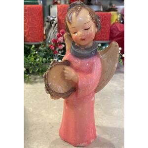 Vintage Sweet Angel Candle Playing Tamborine Figurine Pink 9”